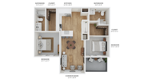 Floor plan for 2 beds, 2 baths, 1191 sqft
